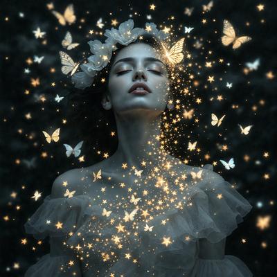 The primary subject of the image is a woman with a flower in her hair. She is surrounded by a beautiful and serene environment, with a backdrop of a night sky filled with stars. The visual style of the image is a combination of photo and digital art, creating a surreal and dreamy atmosphere. The colors and mood of the image are predominantly dark and moody, with the woman and the stars being the main focus of the scene.